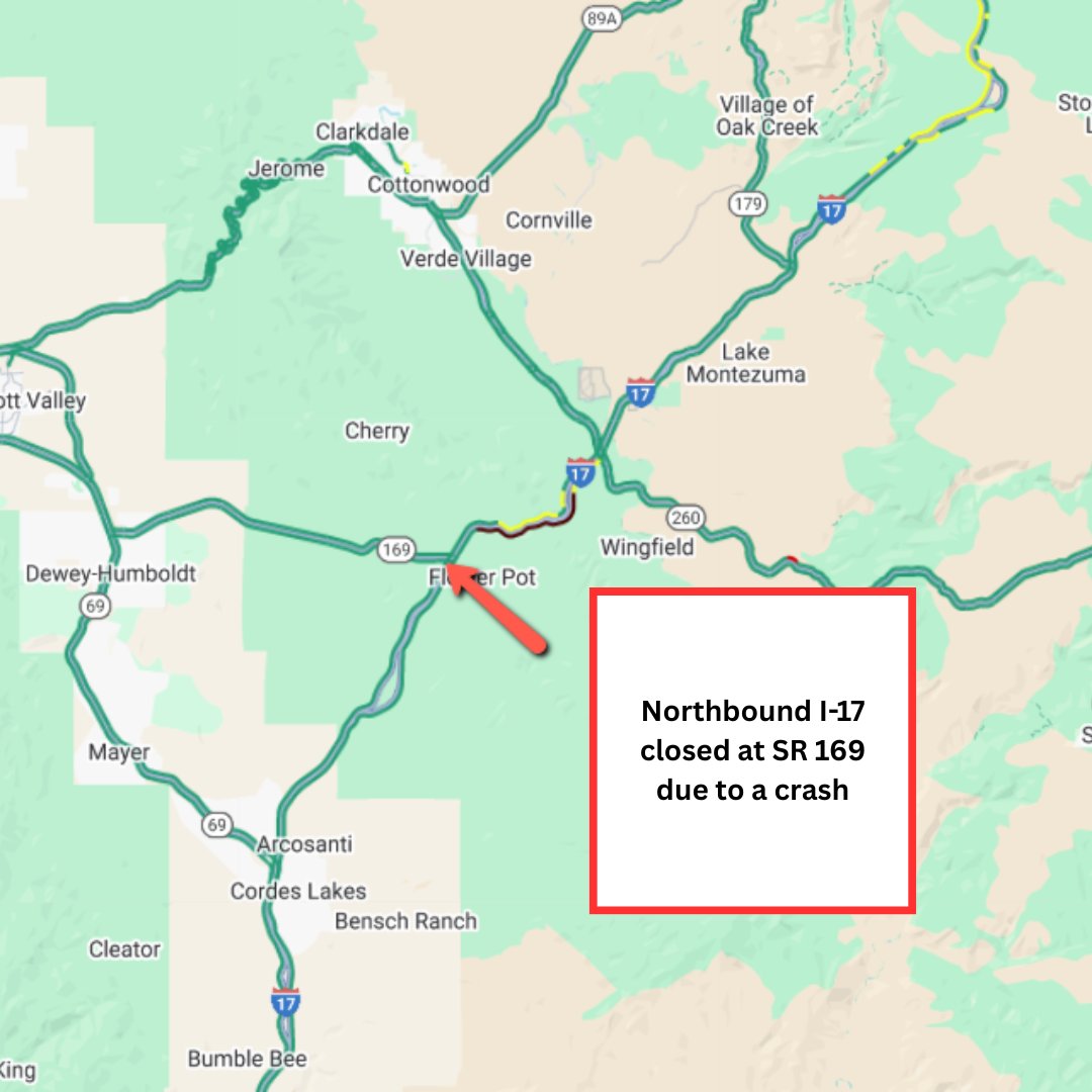 Northbound I-17 at State Route 169: The freeway is closed due to a