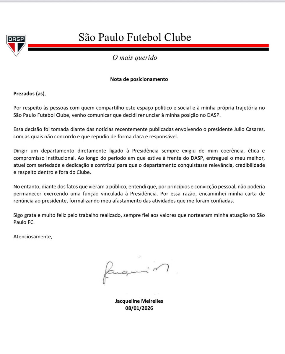 OGabrielSa's tweet image. Jacqueline Meirelles, ex-namorada do presidente Julio Casares, renunciou de sua posição no Departamento Assistencial do São Paulo (DASP). 

Ela afirma que “diante dos fatos que vieram a público, entendi que, por princípios e convicção pessoal, não poderia permanecer exercendo uma…