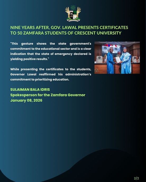 Dangaladima54's tweet image. PRESS STATEMENT 

NINE YEARS AFTER, GOV. LAWAL PRESENTS CERTIFICATES TO 50 ZAMFARA STUDENTS OF CRESCENT UNIVERSITY 

Governor Dauda Lawal has presented certificates to 50 scholarship students of the Crescent University, Abeokuta.