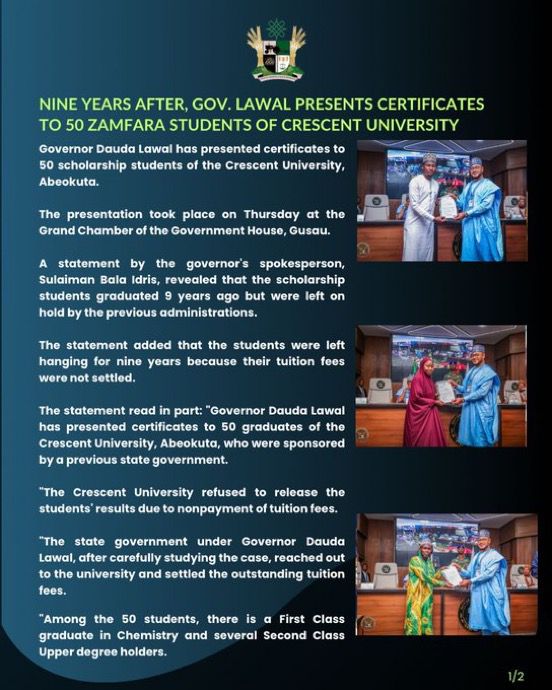 Dangaladima54's tweet image. PRESS STATEMENT 

NINE YEARS AFTER, GOV. LAWAL PRESENTS CERTIFICATES TO 50 ZAMFARA STUDENTS OF CRESCENT UNIVERSITY 

Governor Dauda Lawal has presented certificates to 50 scholarship students of the Crescent University, Abeokuta.