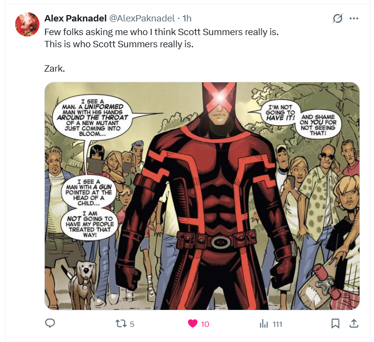 4everbuffy's tweet photo. @AlexPaknadel Why delete? #Xspoilers #XMen 

Internet is forever.

If this is who you really think Cyclops is then you're not the right writer for him. Cyclops was very hated during the Mutant Revolution. He finally earned his respect back during Krakoan Era, don't throw that away.🤦‍♂️ https://t.co/ESBj25BImw