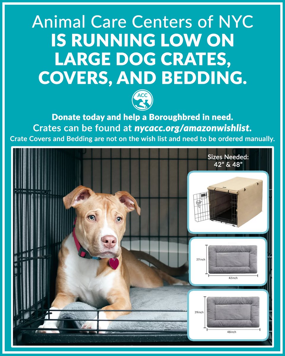 PoundHoundsResQ's tweet image. The New York Animal Care Centers are in need of crates and covers.
If you can be so generous and donate one.
Thanks from all the animals.

Find large dog crates at nycacc.org/amazonwishlist and consider sending one to a boroughbred in need.
Crate covers: amazon.com/X-ZONE-PET-Dou…
For…