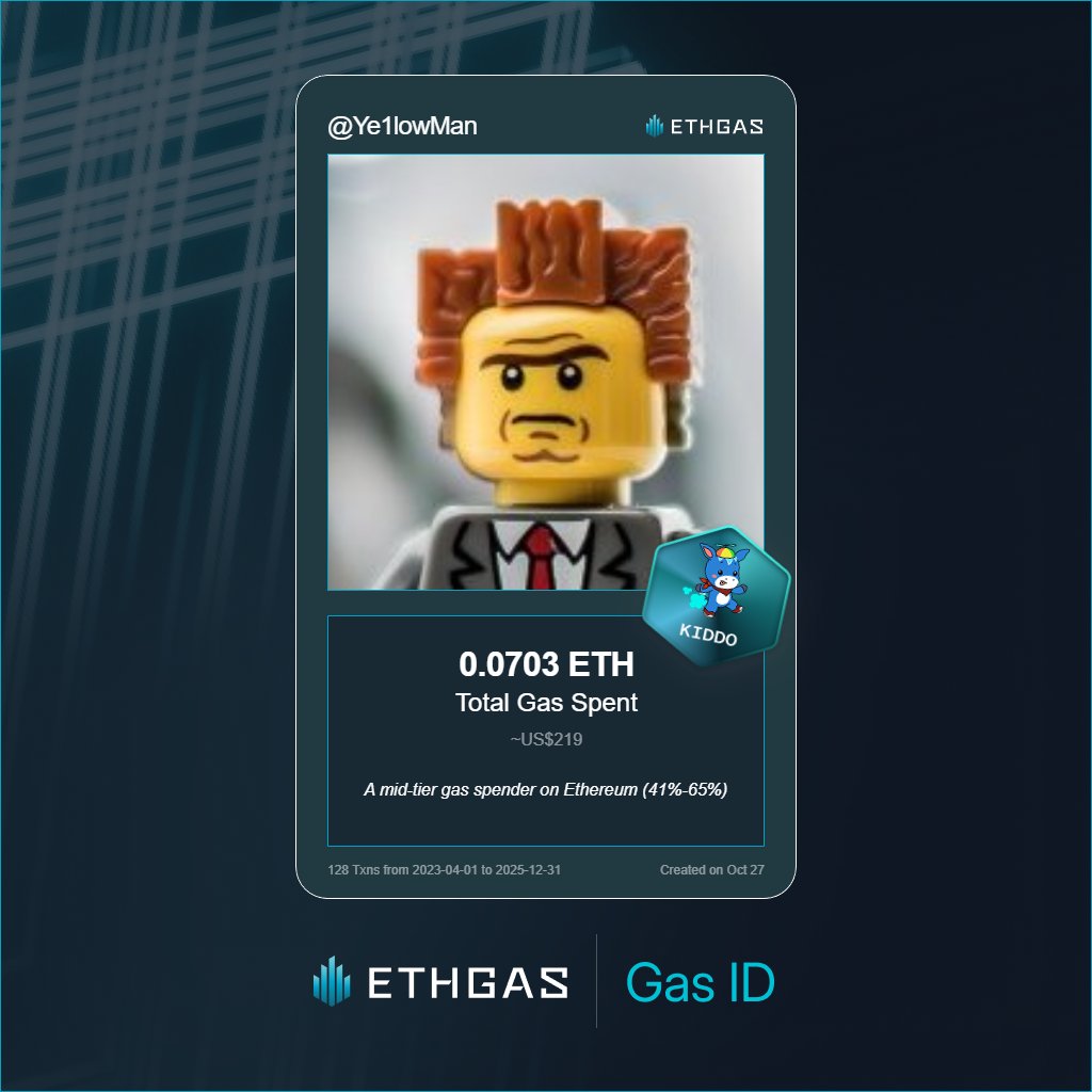 Ye1lowMan's tweet photo. Discovered my Gas ID via ETHGas - turning my gas spend into rewards 🫘

As a Kiddo Jack, I've spent 0.0703 ETH on gas but earned 25 Beans back.

Get your Gas ID and Beans here: https://t.co/xgHjcri5lS https://t.co/VLw2Kb3us3