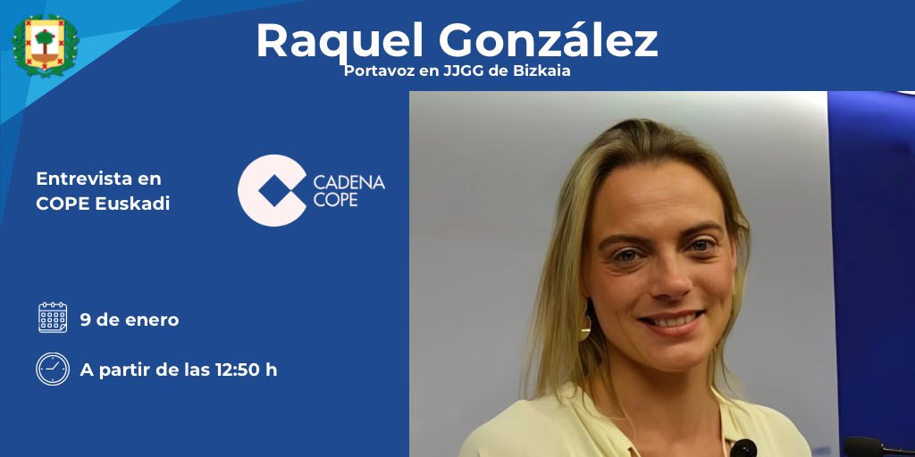 🔷 Mañana viernes, la portavoz de <a href="/PPJuntasBizkaia/">PP Juntas Generales Vizcaya</a> , <a href="/RaquelGlezDiez/">Raquel González</a> , participa en una entrevista en <a href="/copeeuskadi/">COPE Euskadi</a> 

🗓️ Viernes, 9 de enero
🕐 12:50 horas 
📻 COPE Euskadi

Síguelo en directo desde aquí ⬇️

cope.es/emisoras/pais-…

#raquelgonzalezjuntasgenerales