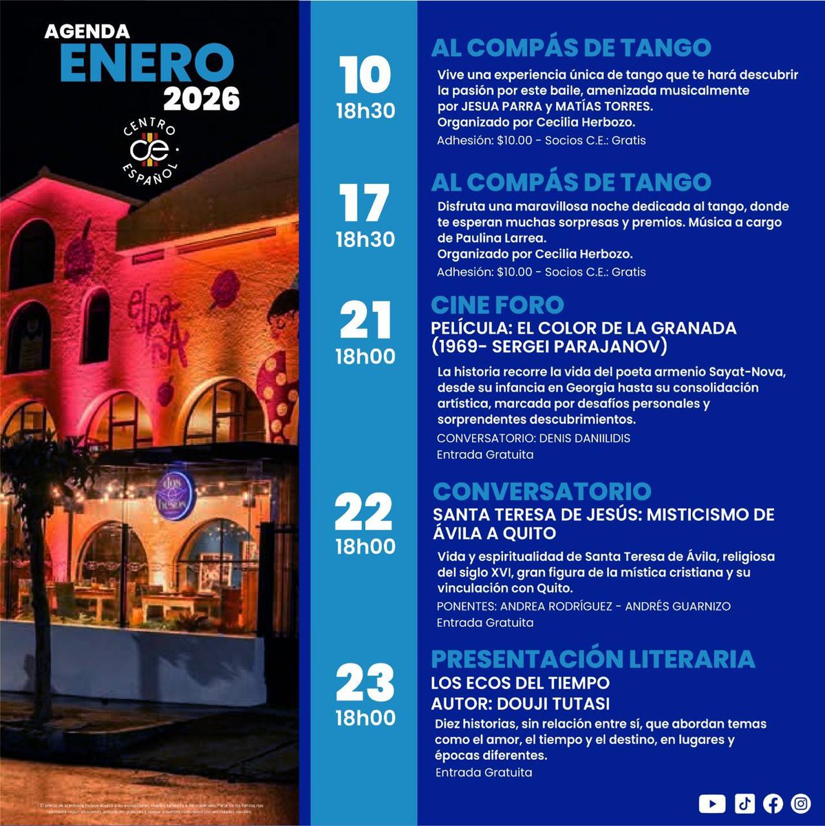 ✨ ¡Agenda de enero 2026 del Centro Español! 🇪🇸

Iniciamos el año con una programación diversa que celebra el pensamiento y el arte. Enero llega con espacios para el baile, cine foro, conversatorios y una presentación literaria para compartir historias.

Los esperamos... ✨