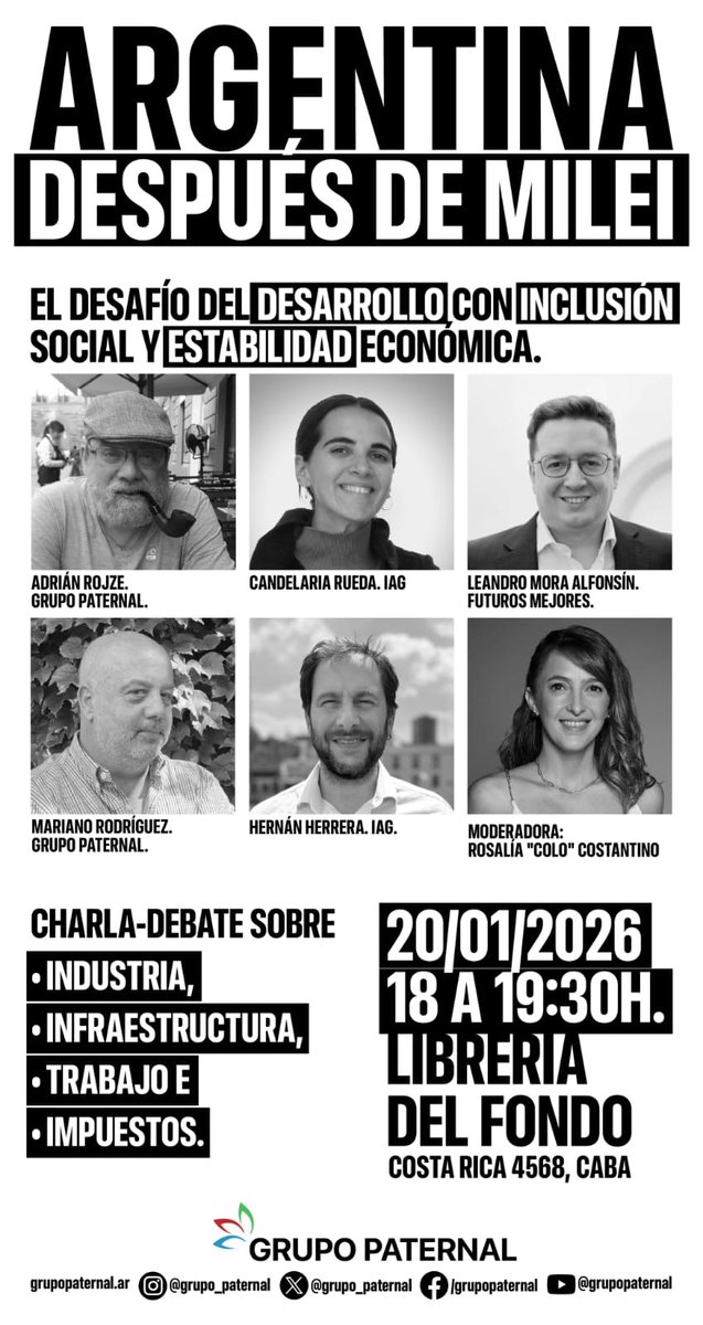 La política se toma vacaciones, si. El #GrupoPaternal, no.
Agendá el martes 20 de enero, 18h. Debatiremos junto a <a href="/adrianrojze/">Adrián Rojze</a>, <a href="/MarianIntuit/">Mariano Rodriguez 🇦🇷</a>, <a href="/hernanpablo/">hәrnān ҏablø</a> <a href="/canrueda/">Candelaria🌊</a> <a href="/lmoraalfonsin/">Leandro Mora Alfonsín</a> y <a href="/colocostantino/">Rosalía Costantino</a> en la Librería del Fondo.
Nos vemos allí.
