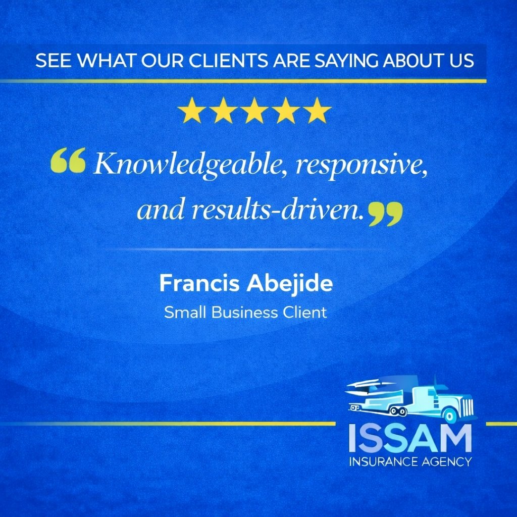 IssamAgency's tweet image. Knowledge, responsiveness, and results matter. 

Francis trusted our team to handle his business insurance without the stress.

That’s the standard we operate by at Issam Insurance Agency.
#ClientReview #SmallBusinessInsurance #CommercialInsurance #IssamInsuranceAgency