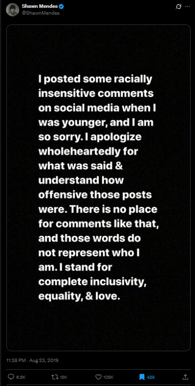 TaylorEras11's tweet photo. Here you can see Shawn's apology where he acknowledges wrong doing and understands that what he said was offensive, notice the difference in how Camila lies in her apology and pretends not to know that she was being an evil racist the whole time. 2/3 https://t.co/t0XoSagnjL