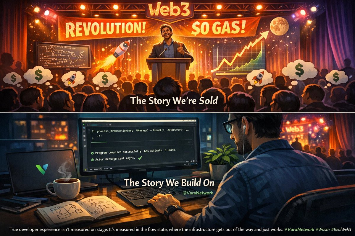 Andromedacomp's tweet photo. What we sell (the map) vs. what we build (the territory). The true 'developer experience' isn't measured on the stage, but in the trenches of the code, dealing with the real limitations of the infrastructure. @VaraNetwork #Web3Reality" https://t.co/KQIod7XY7I
