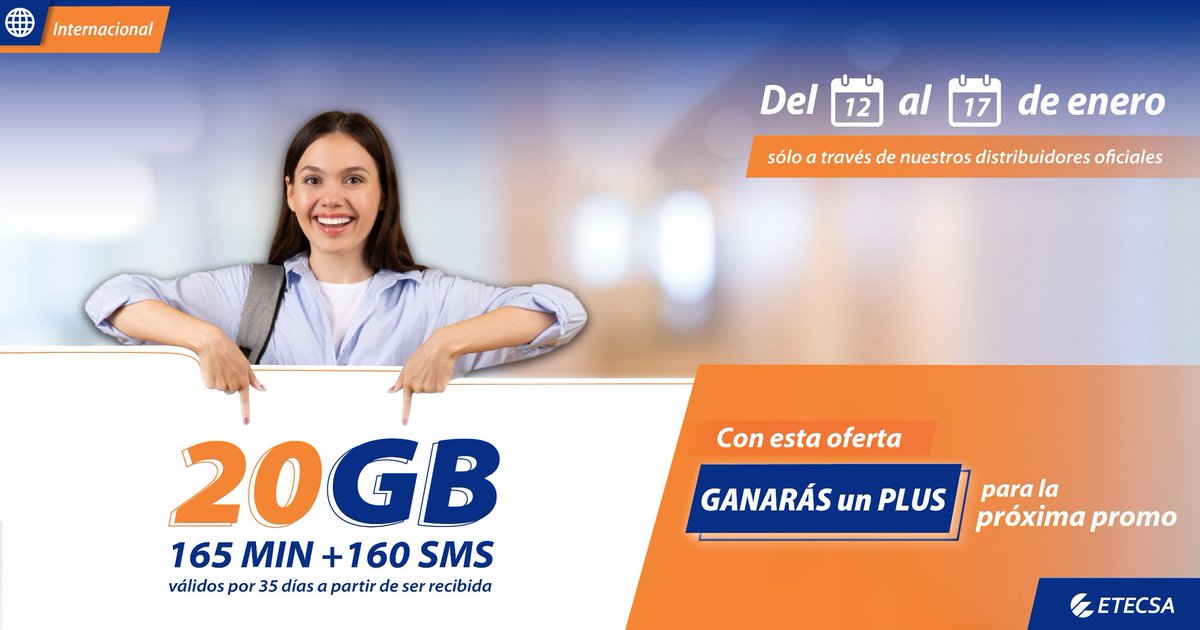 📣 ¡Atención clientes! Del 12 al 17 de enero, si compras o recibes una oferta por un costo de 600 CUP a través de nuestros distribuidores internacionales, obtendrás 
✅ 20GB de datos 
✅ 165 MIN de voz 
✅ 160SMS
Visita etecsa.cu 
 #RecargaInternaciona