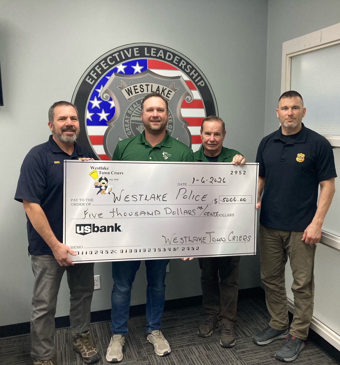 Thank you to the Westlake Town Criers who worked with Columbia Gas of Cleveland to obtain a grant of $5000 to the police public donation fund.  The funds will be used to help pay for continued public outreach initiatives.