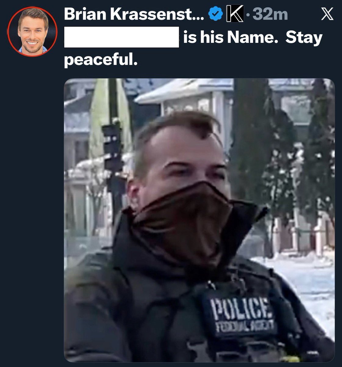 DefiantOutlawX's tweet image. Brian Krassenstein has finally doxxed the ICE agent from yesterday. 

What’s your next move, 𝕏?