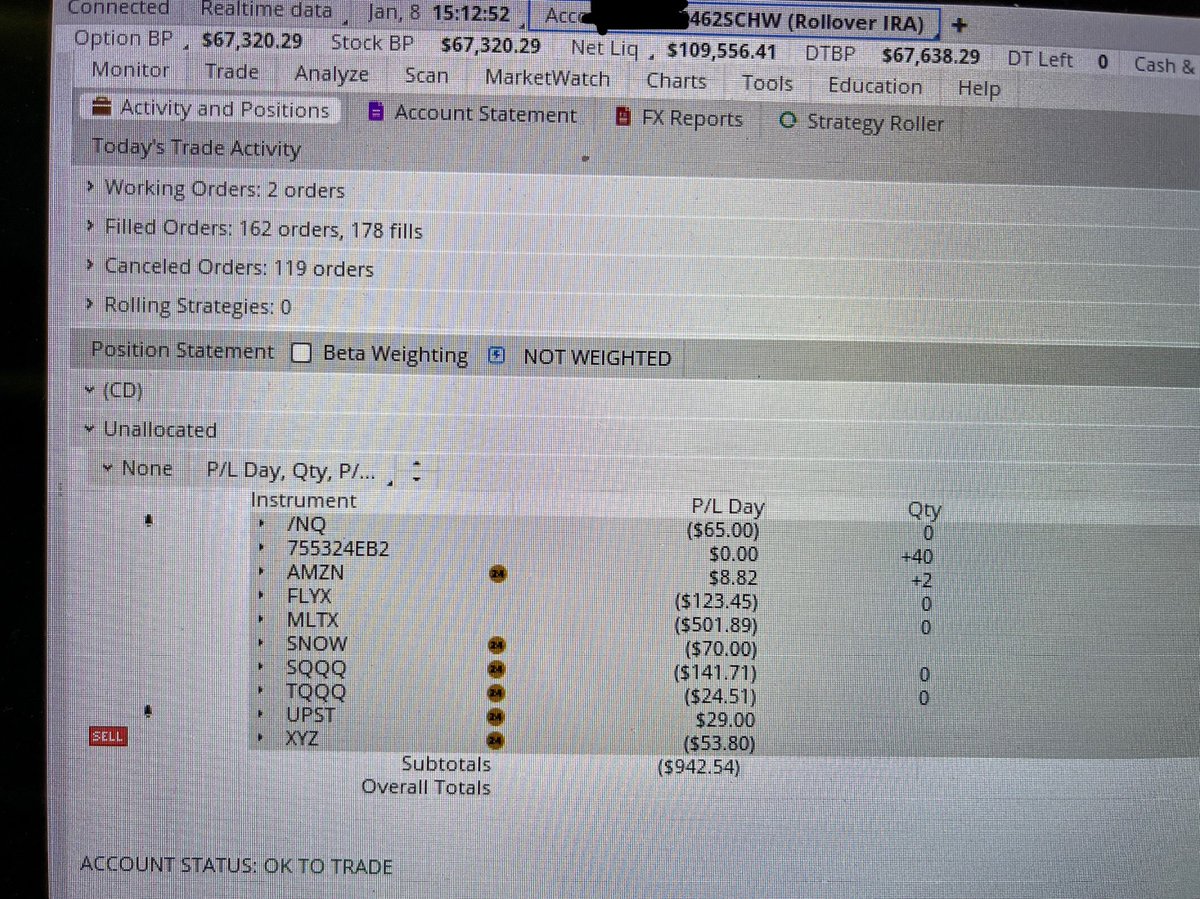 TraderKimmie's tweet photo. 1/8/26: -$1000 trading $NQ, $SQQQ &amp; $TQQQ
Should have closed my platform instead of leaving it on. I tend to give back profits when I continue to trade after lunch, yet did it again today aargh https://t.co/S8q0ztgRNO