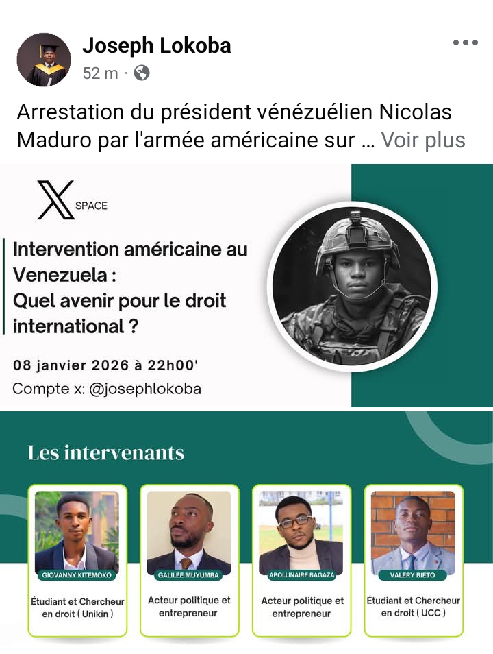 JosephLokoba's tweet photo. Bonsoir à toutes et à tous,
Nous organisons un Space sur X (Twitter) pour discuter à propos l'avenir du droit international public.
Un espace d'échange auquel prendront part des intelligences issues de plusieurs universités du pays. (HEC, UCC, Unikin, etc.) 

On commence à 22h00 https://t.co/4pelG9OnL1
