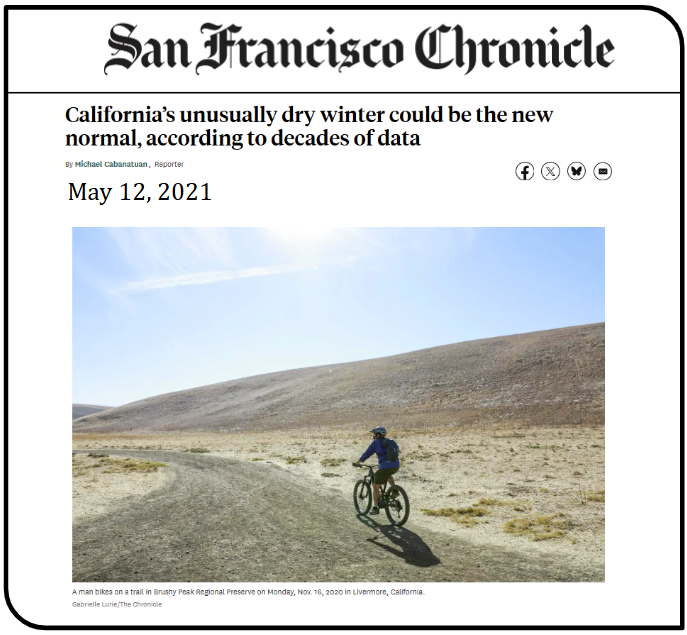 ChrisMartzWX's tweet photo. Four years ago, the San Francisco Chronicle reported that dry winters could now be the "new normal" in California.

This winter, precipitation has been 120-150% above the 1991-2020 average and reservoirs are full.

Another environmental prediction circles the drain. https://t.co/511nKssgla