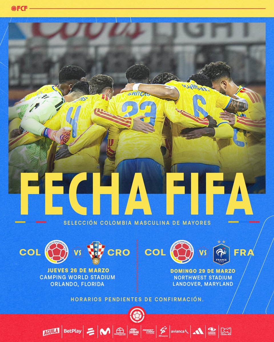 𝗖𝗼𝗹𝗼𝗺𝗯𝗶𝗮 𝗰𝗼𝗺𝗽𝗲𝘁𝗶𝗿𝗮́ 𝗲𝗻 𝗹𝗮 𝘀𝗲𝗿𝗶𝗲 ‘𝗥𝗼𝗮𝗱 𝘁𝗼 𝟮𝟲’ 𝗷𝘂𝗻𝘁𝗼 𝗮 𝗽𝗼𝘁𝗲𝗻𝗰𝗶𝗮𝘀 𝗱𝗲𝗹 𝗳𝘂́𝘁𝗯𝗼𝗹 𝗺𝘂𝗻𝗱𝗶𝗮𝗹.

Amistosos Internacionales confirmados en marzo 🆚 🇭🇷 y 🇫🇷

🔗 bit.ly/4sxuISC

#LaSeleNosUne🇨🇴