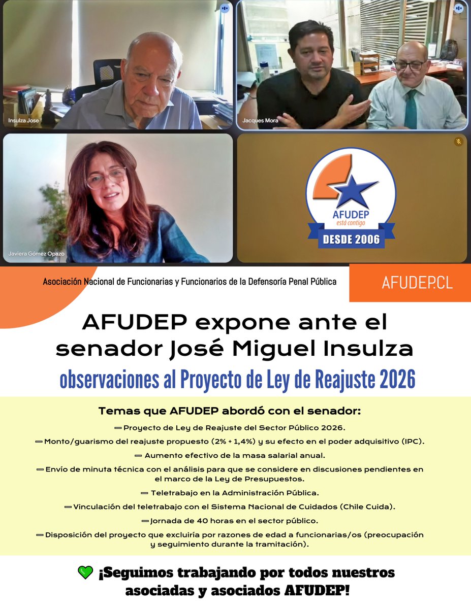 FTH_Chile's tweet image. 💪👍 AFUDEP sostuvo reunión con el senador José Miguel Insulza (Comisión de Hacienda) para exponer sus observaciones al Proyecto de Ley de Reajuste 2026. 

📍 LINK NOTICIA afudep.cl/noticias2025/A…

Seguiremos informando a las bases y participando activamente en la tramitación.