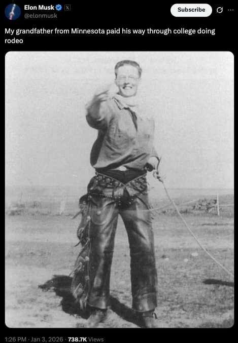 FredLambert's tweet image. Elon’s grandfather did a lot more than rodeo.

Since Elon brought up his grandpa recently, someone he described as his hero, I think it's worth discussing him a bit in the context of Elon officially coming out as a white nationalist.

Joshua Haldeman was an early chiropractor,…