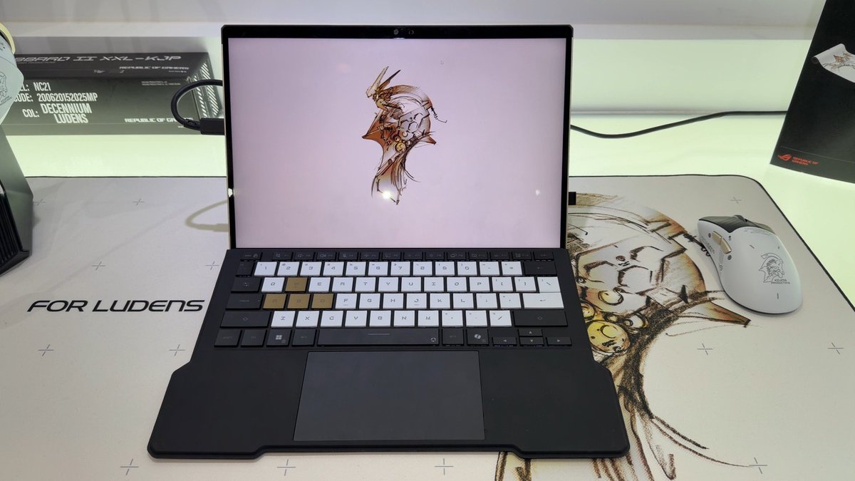 gotks's tweet photo. I saw the actual product at the ASUS booth at CES 2026 in Las Vegas.
I'm using the 2022 model of the Z13, but I have a strong urge to upgrade.
The desk mat is also really great.
#asus #kojimaproduction #ces2026 #lasvegas https://t.co/T0Y0CxrqJY