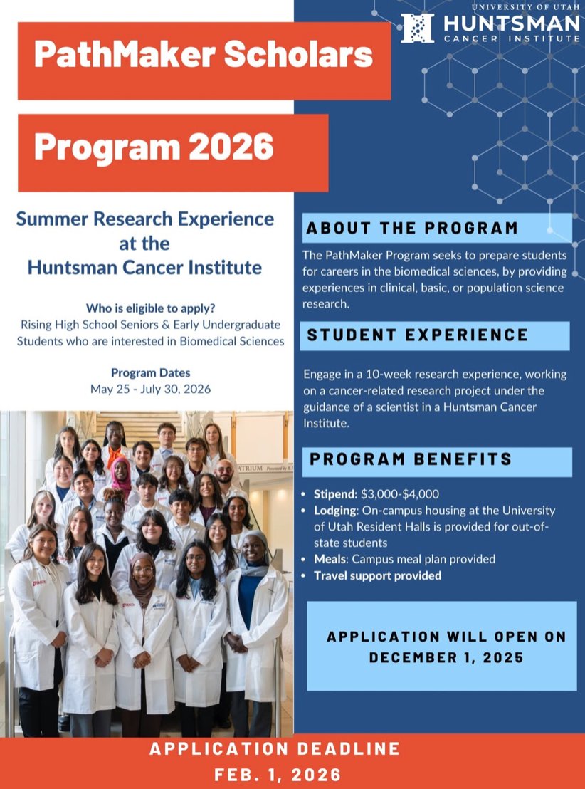 PathMaker_HCI's tweet image. 🎉 Applications are OPEN!
PathMaker Scholars (students) &amp;amp; PathMaker Bridge (teachers) are now accepting applications for the 2026 cohort at Huntsman Cancer Institute.
⏰ Deadline: February 1, 2026
🔗 Apply now
#PathMakerPrograms #STEMOpportunities #CancerResearch