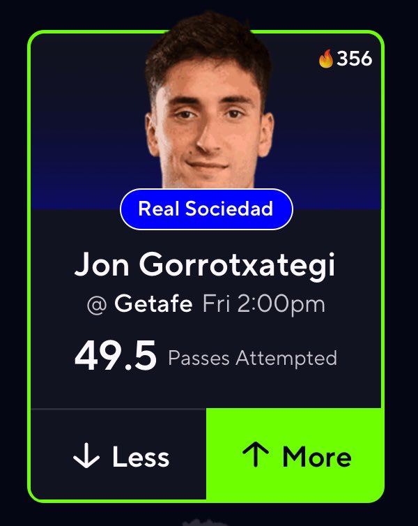 PropBry's tweet image. ☢️ POTD ☢️  
Real Sociedad away at Getafe  
Jon Gorrotxategi O49.5 Passes Attempted 🔥  🥞

#BettingTips #DailyPicks #LaLiga #soccer #soccerbets #POTD