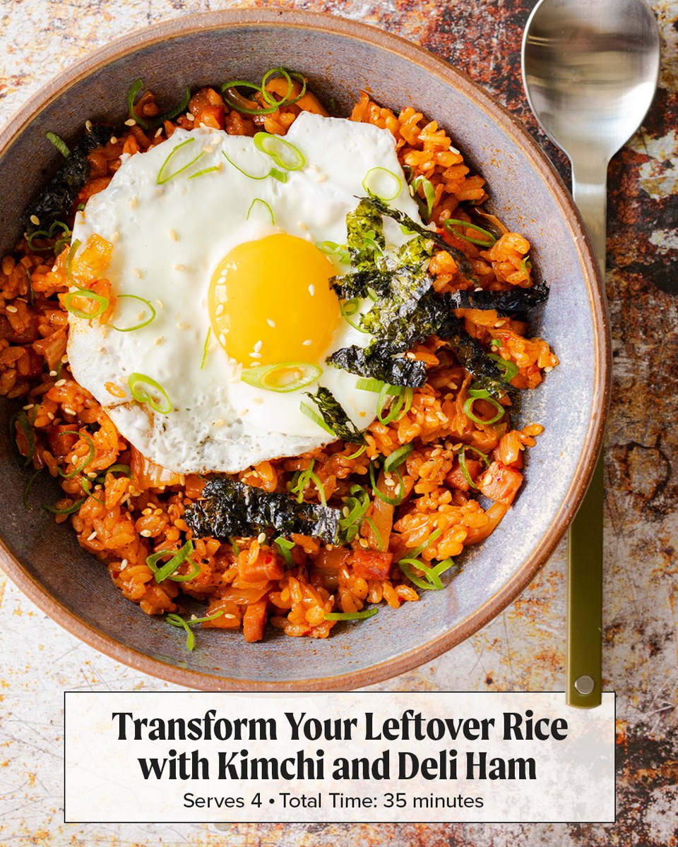TestKitchen's tweet image. In this recipe, leftover rice is transformed into a punchy, radiant dinner with the barest of efforts in this Korean comfort-food staple. This ­recipe leans on deli ham to keep things simple and is ready in just 35 minutes. Find the recipe: cooks.io/4pqPbWp