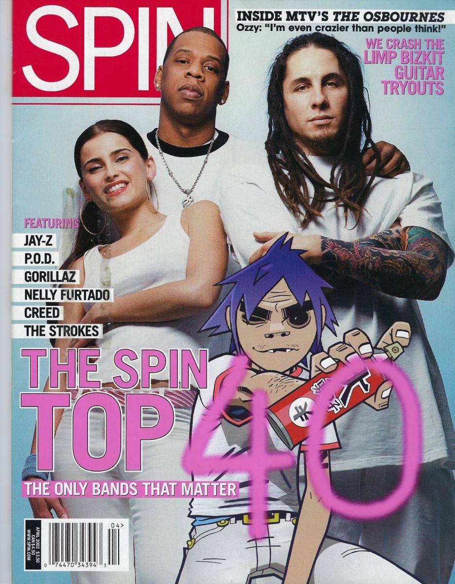 jayzpics's tweet image. Jay Z, Nelly Furtado, Sonny of P.O.D. and 2D of Gorillaz on the cover of SPIN Magazine (2002)