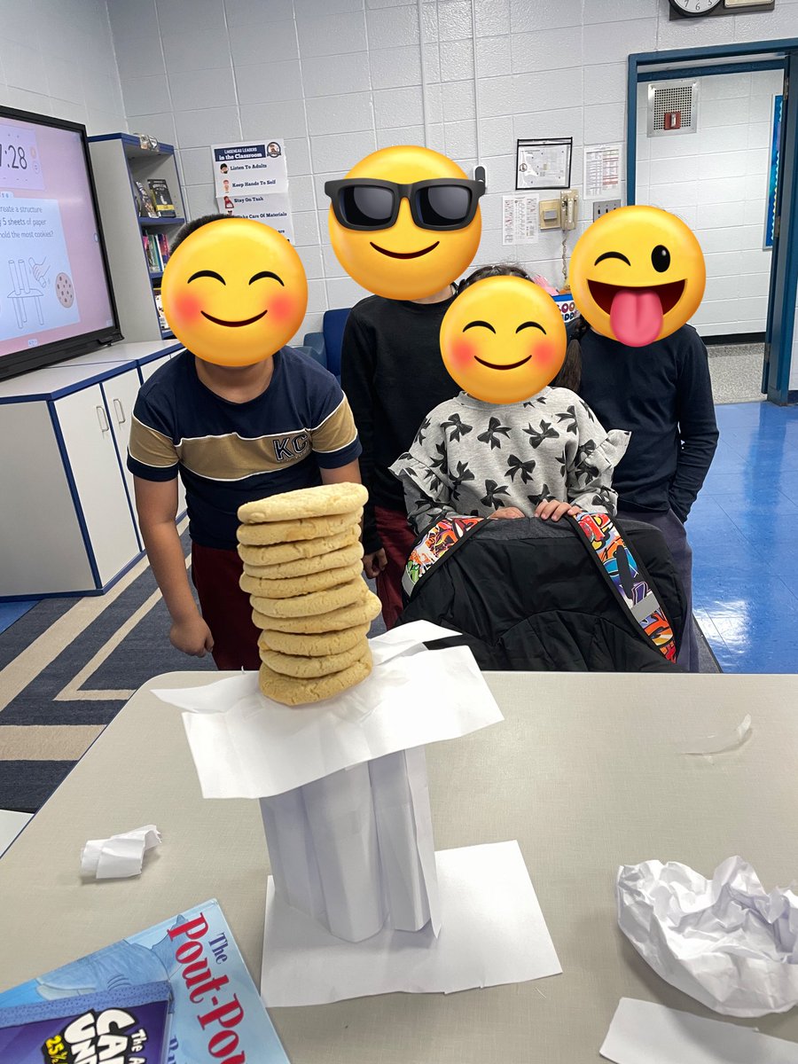 TAKE A 👀! 
After listening to the story, "The Duckling Gets a Cookie!?", 2nd graders are creating a structure using only five sheets of paper that can support the  weight of ten cookies. 🍪