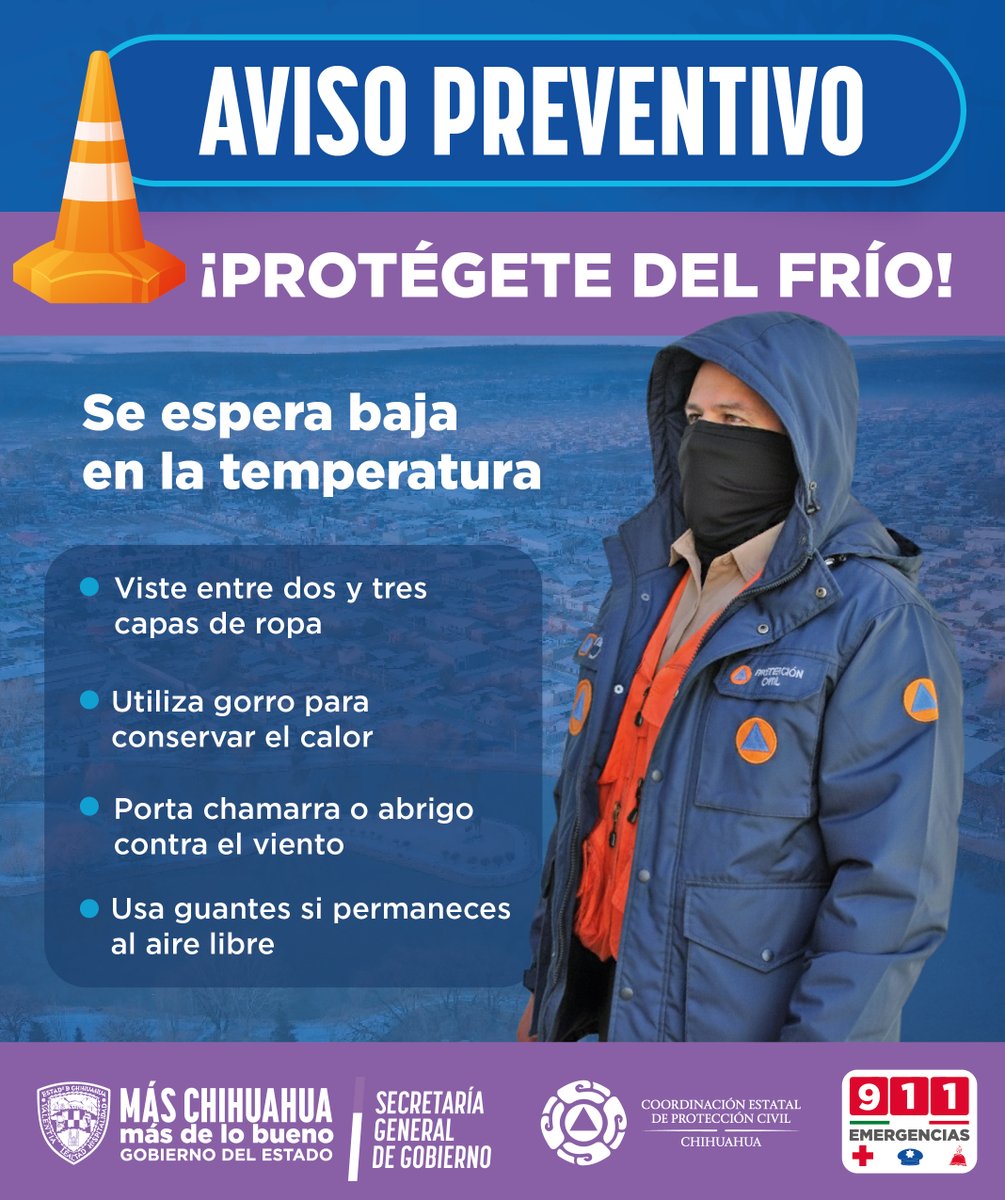 CEPC_Chih's tweet image. La Coordinación Estatal de Protección Civil informa que el sistema frontal No. 27 y su masa de aire frío provocarán un marcado descenso en las temperaturas durante el viernes 9 y sábado 10 de enero, especialmente en la zona serrana, donde se esperan heladas.
