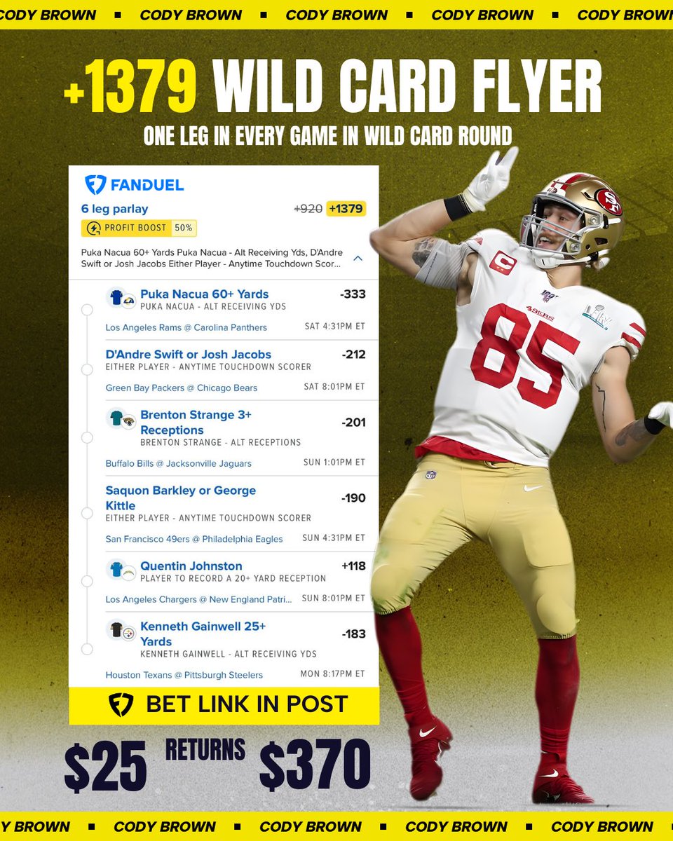 🏈 +1379 One Leg Per Game Wild Card Weekend

This feels like the one. 

🔗 FanDuel bet link: bit.ly/1LPGWCW

I’m using the 50% profit boost. Let’s get it.

21+, gamble responsibly.