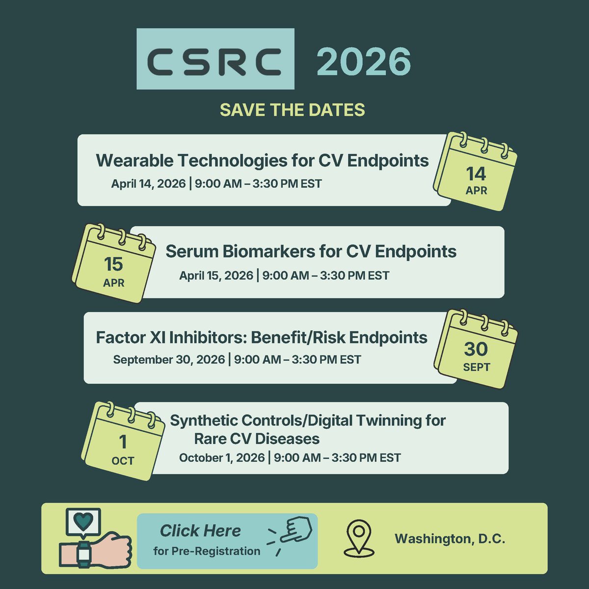 thecsrc's tweet photo. Announcing CSRC’s Topics for 2026

📅 Save the Dates

• April 14: Wearables
• April 15: Serum Biomarkers
• September 30: Factor XI 
• October 1: Digital Twinning

🔗 Pre-registration is now open. https://t.co/ljDvmYVLj4

#RegulatoryScience #MedicalDevices #ClinicalTrials https://t.co/qO5QetMiBr