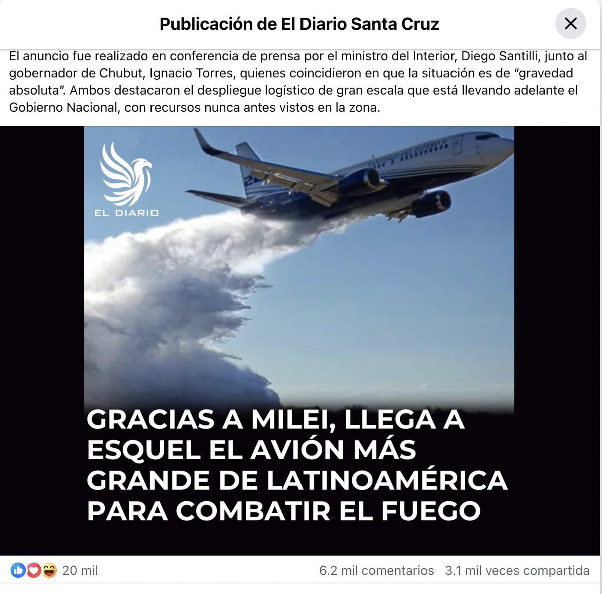 MarceOzz's tweet image. Lo mentirosos que son estos libertarios es de no creer. Encima ponen la foto del avión donde dice muy claramente SANTIAGO DEL ESTERO. 
Se mienten entre ellos y se lo creen.  
20.000 reacciones / 6.000 comentarios y 3.100 veces compartido.