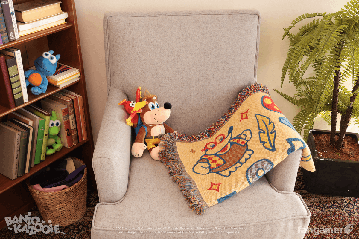 Fangamer's tweet photo. Cozy enough to get you to Project Dream on a lazy afternoon. 

Banjo-Kazooie blankets are here, plus a new moving pin! https://t.co/TbgQHWnujm https://t.co/xKncFipMvB