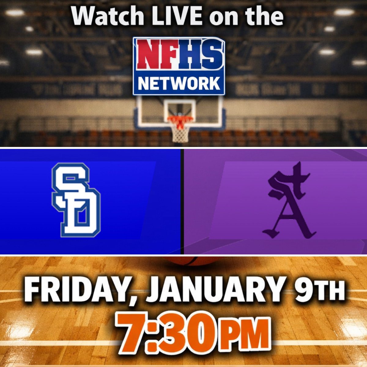 SoCalSportsProd's tweet image. 2026 @cifsds Basketball Friday January 9th at 7:30PM: @sdhscaver vs. @saints_info 

Watch the Live Broadcast only @NFHSNetwork with Wolf &amp;amp; Conroy on the Call! @SBLiveCA @MaxPreps @CoastalPrepRep @PrepHoops @FullTimeHoops1 @SDUSDAthletics @SDSportsAssn @sdut