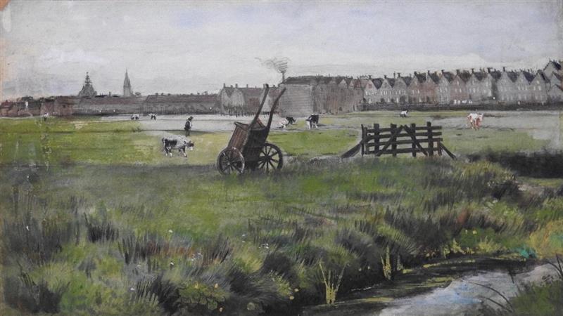 ファン・ゴッホ の初期水彩画《草地、背景に新教会と聖ヤコブ教会