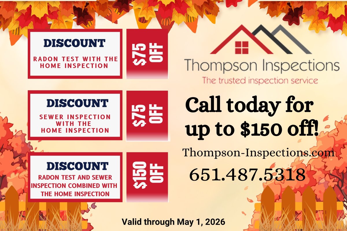 ThompsonInspect's tweet photo. Hey guys, if you are buying a house, take a look at these super discounts you can use for your inspections!

Call us today! : 651-487-5318
Or visit our website: https://t.co/YTb64Yhkow https://t.co/iomV4MJpat