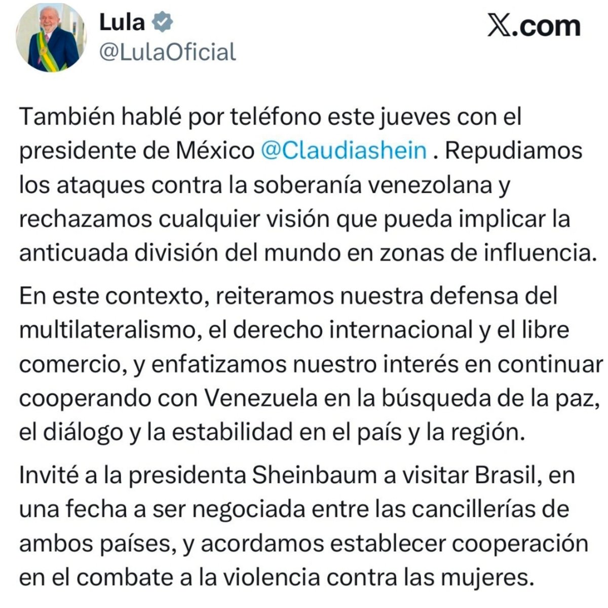 catrina_nortena's tweet photo. #ULTIMAHORA 
🚨 El Presidente de Brasil, @LulaOficial, le habló por teléfono a nuestra PresidentA @Claudiashein 

La invitó personalmente a Brasil para defender a América Latina de los invasores y suscribe en el repudio a los ataques de Estados Unidos a la Soberanía del Pueblo de Venezuela.

HUELE A BRICS...🇲🇽🇷🇺🇨🇳🇧🇷