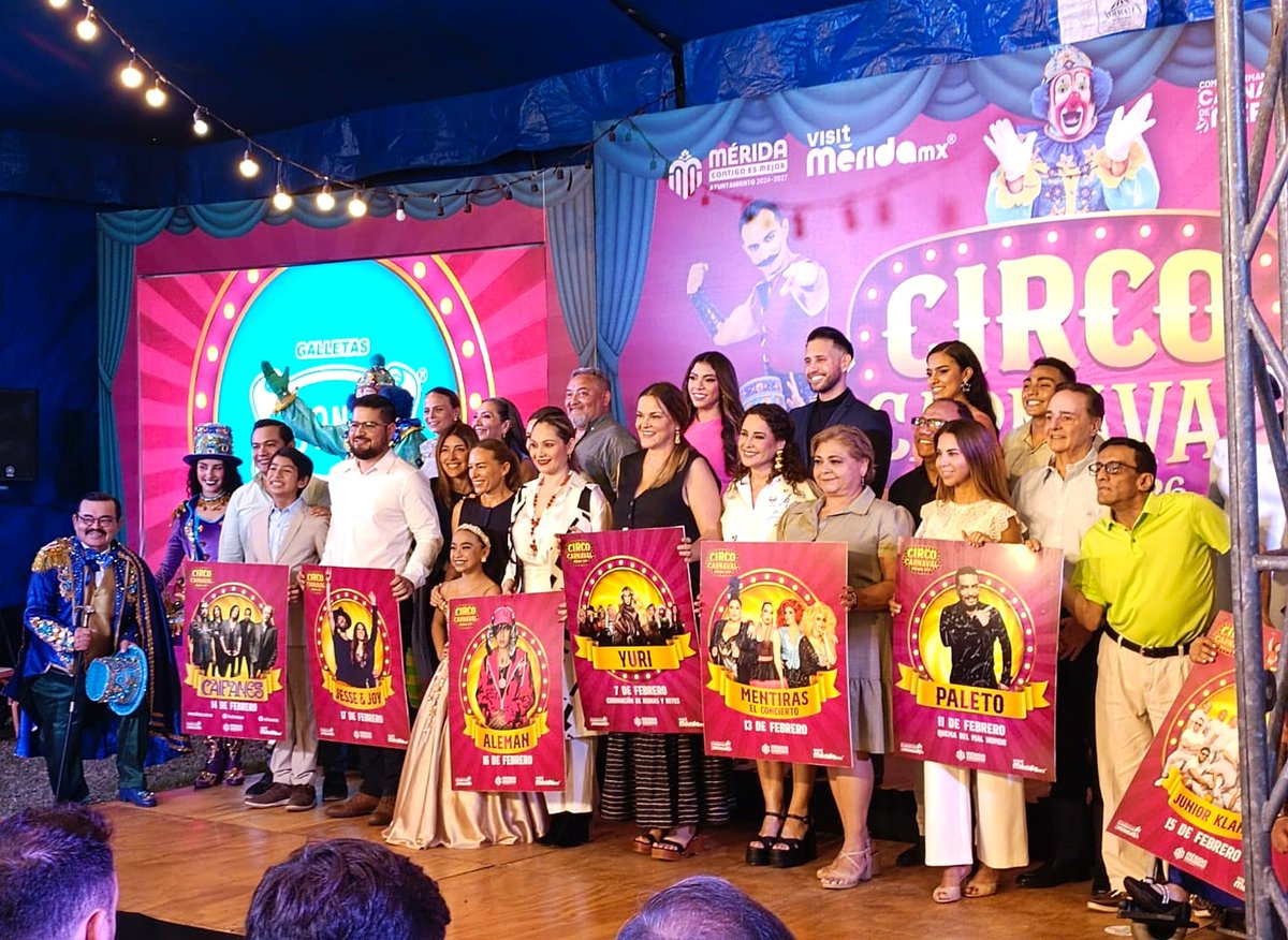 Bajo una carpa de #circo el #Ayuntamiento de #Mérida reveló la #cartelera del #Carnaval 2026, con temática de circo.
Yuri , Galilea Montijo , Ninel Conde , Caifanes y Jesse &amp; Joy , son algunos artistas que amenizarán #CircoCarnaval
Más inf: facebook.com/share/p/1BkdaT…
<a href="/AyuntaMerida/">Ayuntamiento Mérida</a>