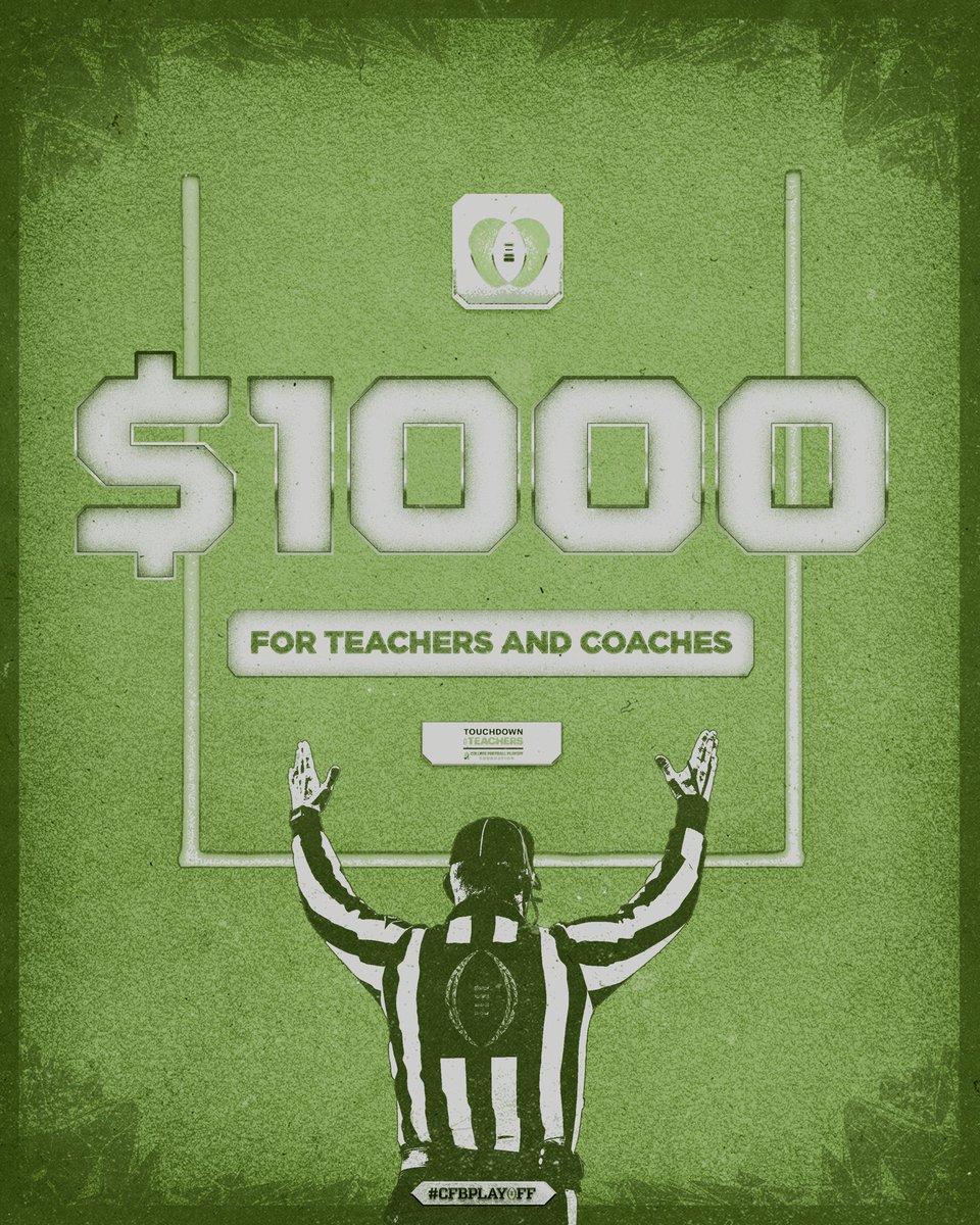 CFBPlayoff's tweet photo. Each touchdown throughout the College Football Playoff means a $1,000 donation to teachers and coaches across the country!
#CFBPlayoff #CFPExtraYard https://t.co/i2WWu4tC1N