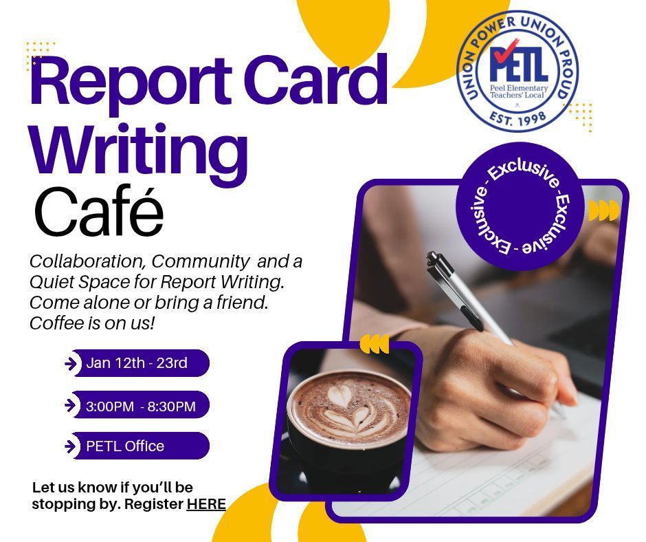 Report cards won’t write themselves… but they 𝐝𝐨 write better with coffee.  Bring your laptop, bring a friend, bring your “one more sip” energy.  PETL’s  𝑹𝒆𝒑𝒐𝒓𝒕 𝑪𝒂𝒓𝒅 𝑾𝒓𝒊𝒕𝒊𝒏𝒈 𝑪𝒂𝒇é  is open!  Enjoy free Wi‑Fi, free coffee, and a supportive space.