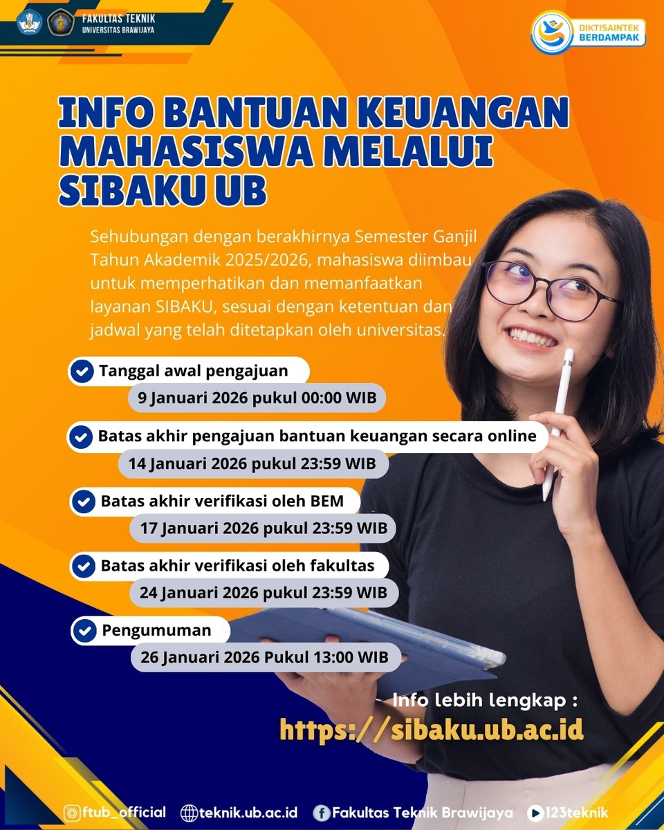 Informasi Bantuan Keuangan Mahasiswa
Pengajuan dilakukan secara mandiri melalui laman resmi: sibaku.ub.ac.id
Mahasiswa diharapkan memastikan kelengkapan data dan berkas pendukung sebelum melakukan pengajuan &amp; memantau status permohonan secara berkala melalui sistem.