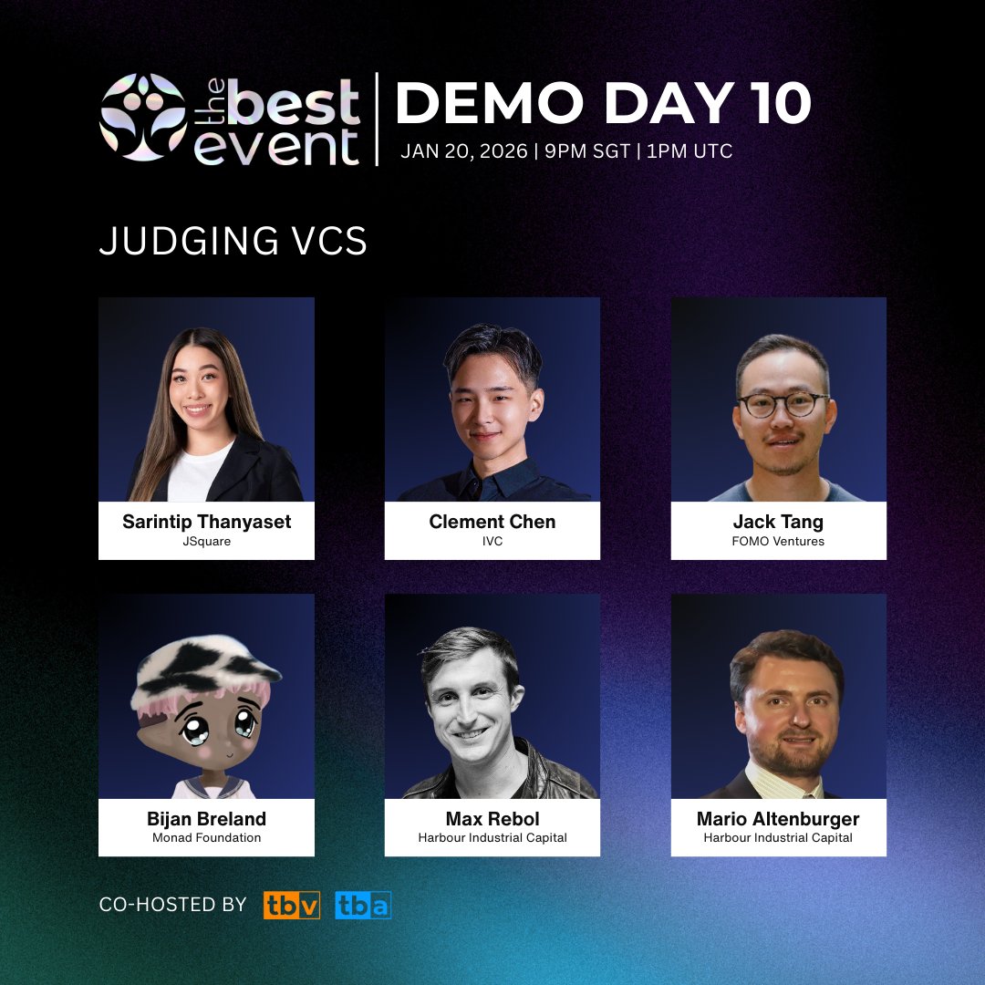 Meet our judging VCs: • Bijan Breland (@yungbij) — Ecosystem Ventures at @ monad • Clement Chen (@clementality_) Investment Analyst at @ivcryptofund •  Sarintip Thanyaset ( @SarintipThanya2) — Senior Investment Associate at  @JSquare_co •