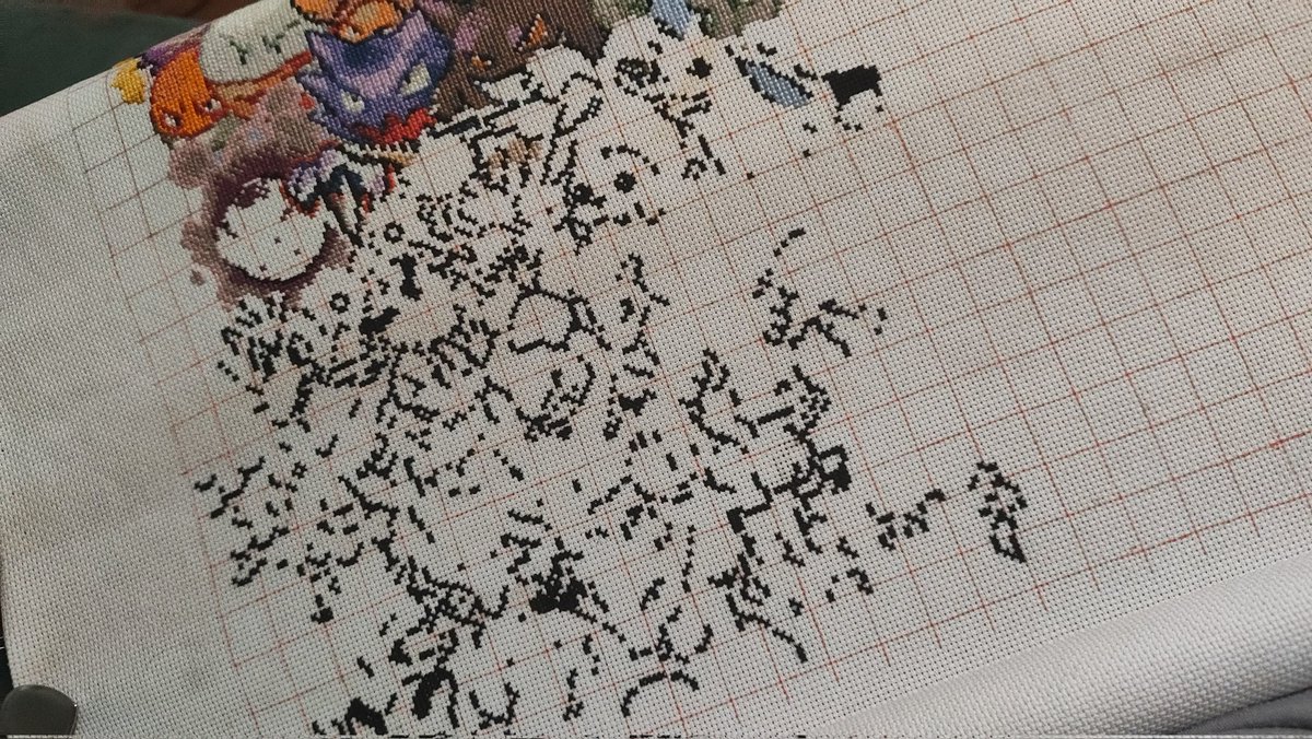 DelusionalDanie's tweet photo. Working on my 151 Pokémon cross stitch in the ac is a good way to spend my day. https://t.co/EjOQ4FZpKl