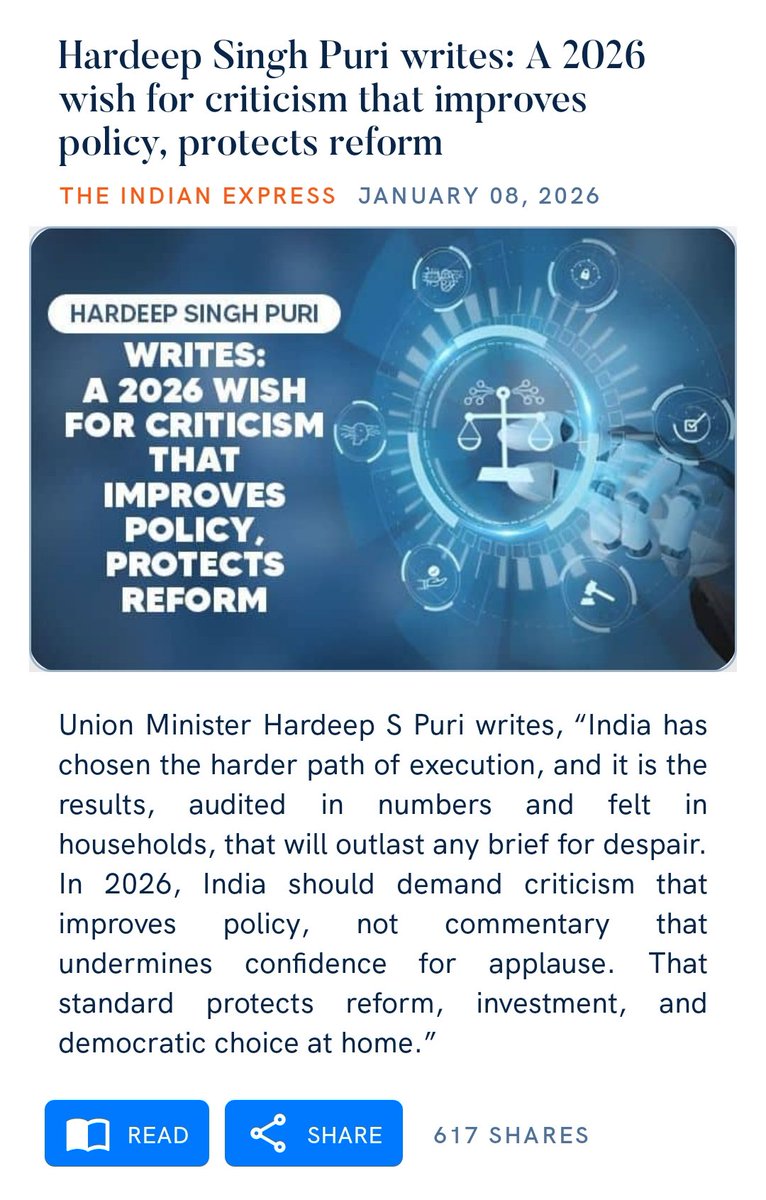 Hardeep Singh Puri writes: A 2026 wish for criticism that improves policy, protects reform
indianexpress.com/article/opinio…

via NaMo App