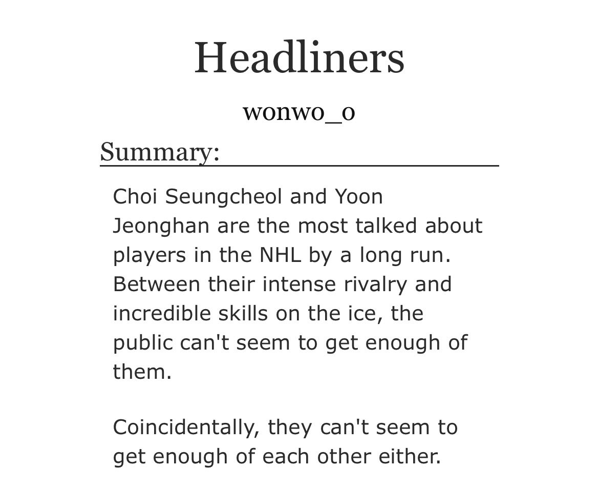 wonwo_oie's tweet image. headliners / jeongcheol au
ch 1: can you feel that fire? 
13.5k words, incomplete

✯ inspired by heated rivalry
✯ slow updates
✯ read tags for more info!
 
✯ archiveofourown.org/works/77178956