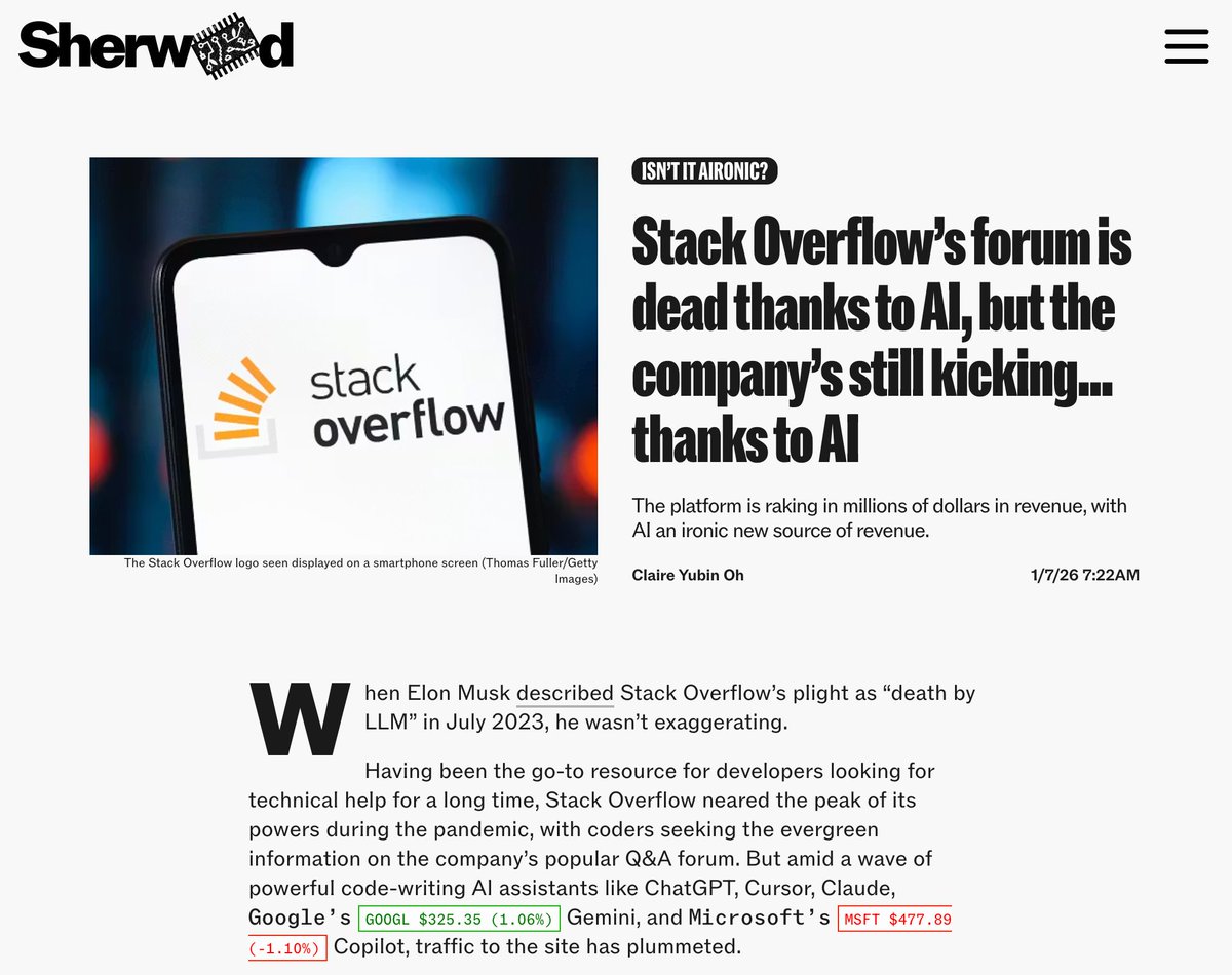 "스택오버플로우 포럼은 AI 때문에 죽었지만, 회사는 여전히 잘 나가고 있다... AI 덕분에."

LLM 시대가 도래하면서 나조차도 Stack Overflow에 들어가는 빈도가 굉장히 줄어들었고 최근엔 그 기억도 없네..ㅠ

실제로 수치는 충격적. 한때 월 30만 건의 질문이 쏟아지던 플랫폼에서 지난달 기록된