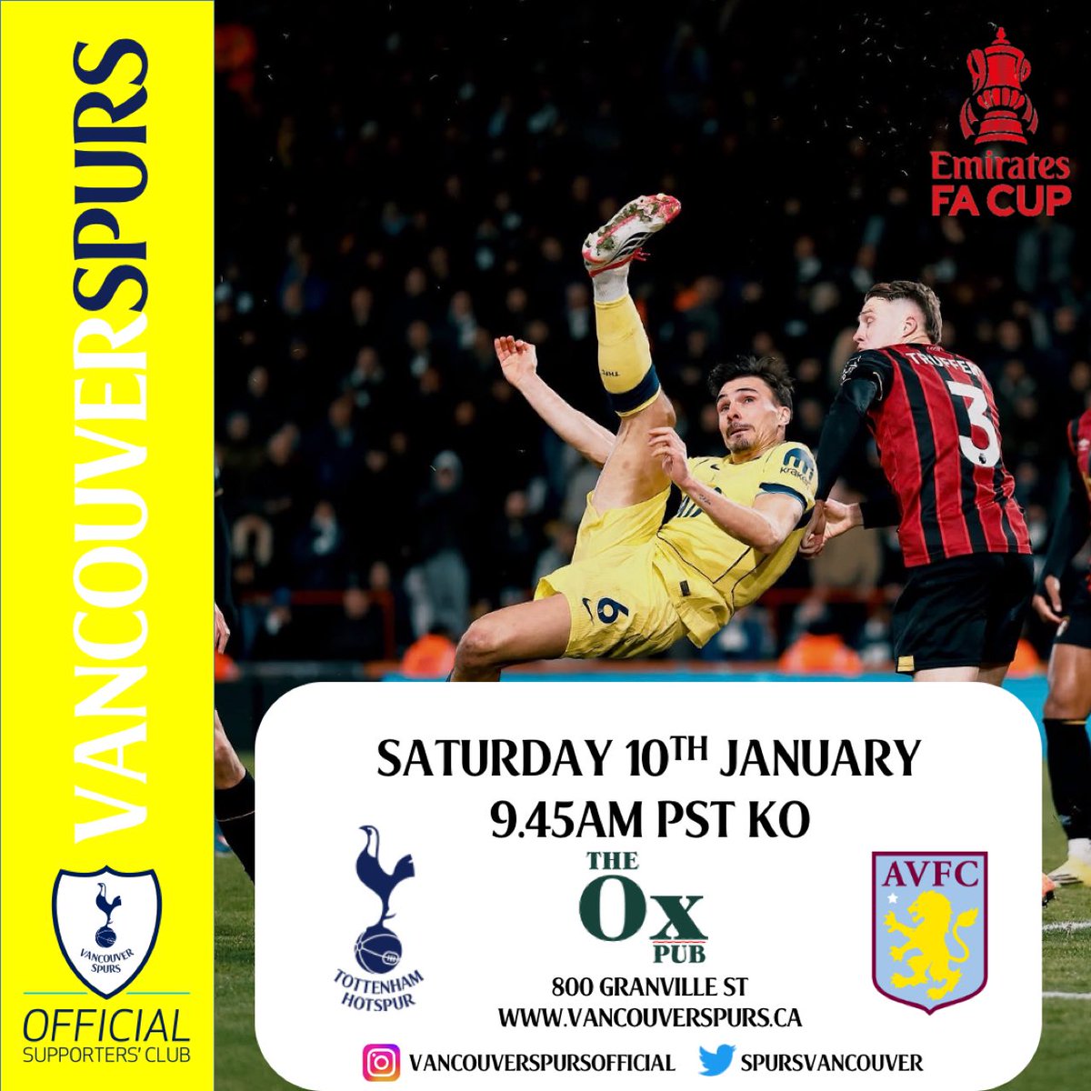 UPCOMING MATCHDAY🚨

Tottenham Hotspur 🆚 Aston Villa 
⚽️ Sat 10th Jan LIVE 9.45AM PST KO
📍The Ox Pub 800 Granville Street
🏆 FA Cup

We begin our journey in the FA Cup! Hope to see as many of you out there as you can. COYS

#vancouver #vancouverspurs #COYS #THFC #spurs
