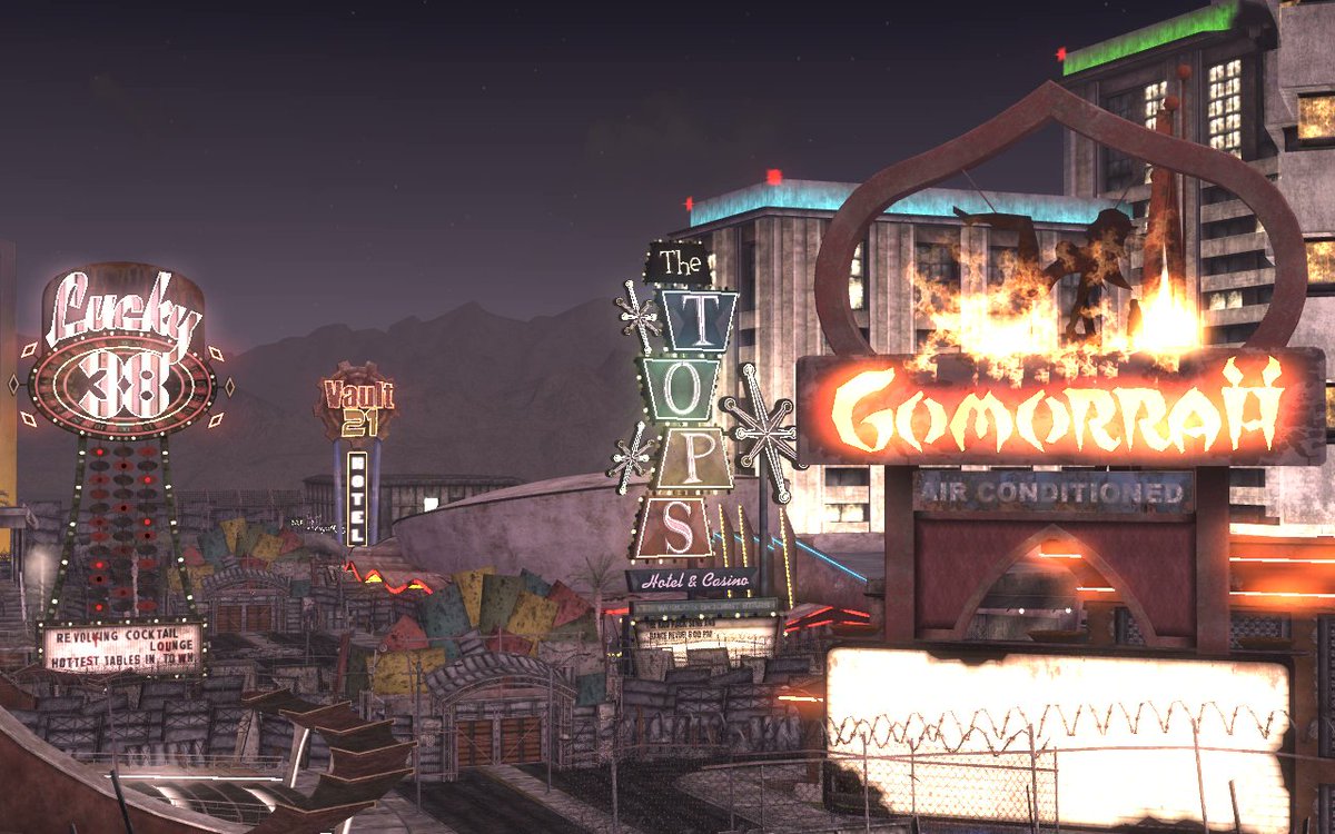 Dansgaming's tweet image. The Fallout Show's New Vegas Strip is close to what the developers originally wanted for the game with no walls between the 4 casinos. 

The game engine kept crashing so they were forced to add walls with loading screens. The Show's layout is a bit different to the game.