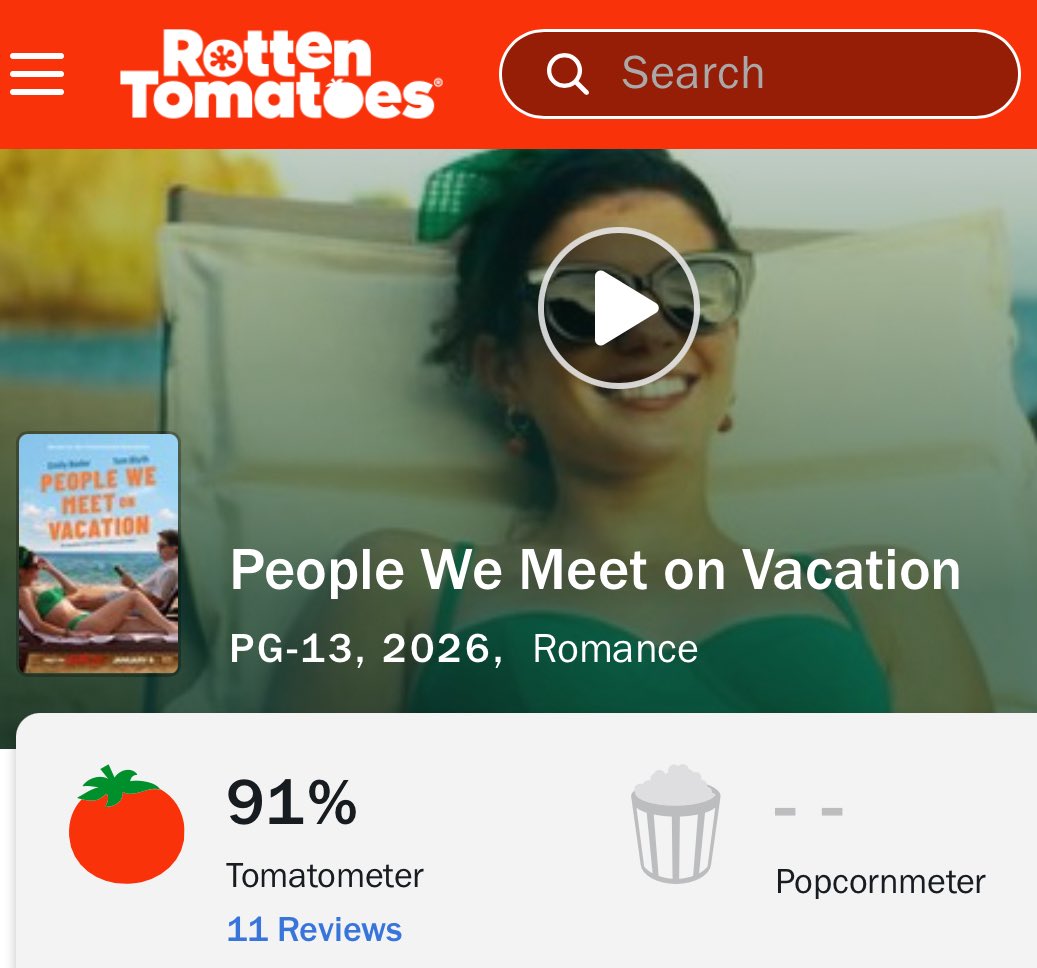 FilmUpdates's tweet image. ‘PEOPLE WE MEET ON VACATION’ starring Emily Bader and Tom Blyth debuts at 91% on Rotten Tomatoes.

Premiering tomorrow on Netflix.