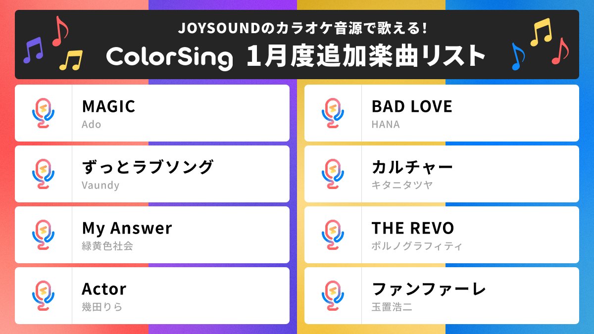 colorsing_info's tweet image. 🌟1月のカラオケ新曲リリース！🎤✨

最新ヒットから定番曲まで、約340曲がプレイリストに新たに加わりました🎍🐴

あなたのお気に入りの楽曲を探してみてね👀

全追加楽曲リストはこちら
faq.colorsing.com/276c1bbbc67480…